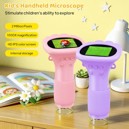 Kids Magnifying Glass, 2.0 Inch Digital Screen Mini Pocket Microscope for Bug - 200x Zoom Handheld Microscope with Adjustable Lights, Edu Birthday Gifts for Age 3-12 Girls - color: Pink