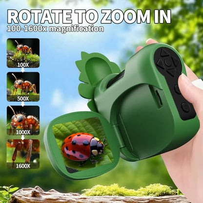 1600X Handheld Microscope for Kids 2" IPS Screen Kit Mini Pocket Digital Microscopes STEM Science with Slides Photo Video Rechargeable Portable Scope Gift for Ages 6-12 (Green) - color: Green