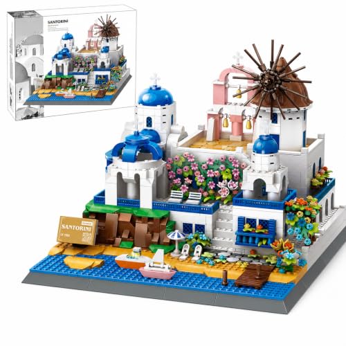 Santorini Building Block Set 1372 Pcs Greece Aegean Sea Architecture Model Kit for Adults & Teens Romantic Island Skyline Construction Project Aesthetic Home Office Desk Decor Display Gift - color: Blue