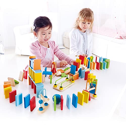 Hape Dynamo Wooden Domino Set Award Winning Domino Racing Building Block Set for Kids, 107 Solid Pieces of Fun Filled Racing, Building and Stacking