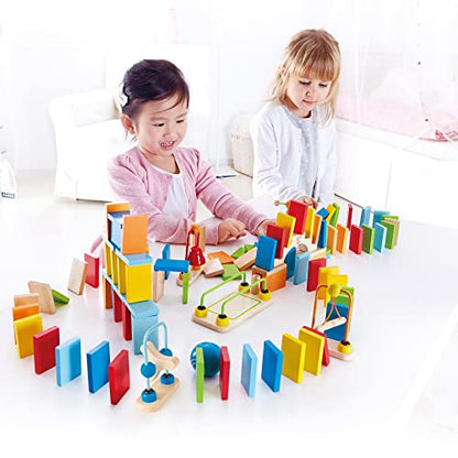 Hape Dynamo Wooden Domino Set Award Winning Domino Racing Building Block Set for Kids, 107 Solid Pieces of Fun Filled Racing, Building and Stacking