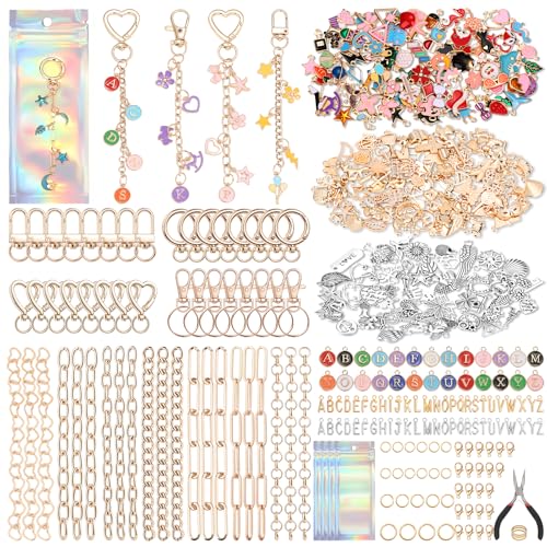Modacraft 617 Pcs Charms Lip Gloss Keychain Making Kit, DIY Bag Charm Kit Including 32 Key Chain Hooks 35 Extender Chains 308 Charms 200 Jump Rings 20 Lobster Clasps 20 Gift Bags for Craft Supplies - color: Mixcolor-617