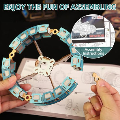 3D Wooden Puzzles International Space Station Model - Collectible Display Model with Interlocking Design, Motorized Solar Panels, Radar & Thrusters, LED Light Effects(Celestigon Station) - style: International Space Station