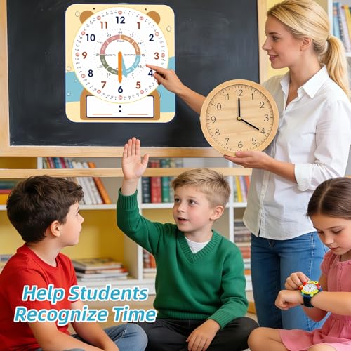 ANCOMEDO Large 12" Magnetic Writable Dry Erase Teaching Clock with Cute Style, Teaching Demonstration Clock for Kids Learning Practice Time for Home School Classroom Supplies (12" x11"-Beige) - style: Beige-1pack