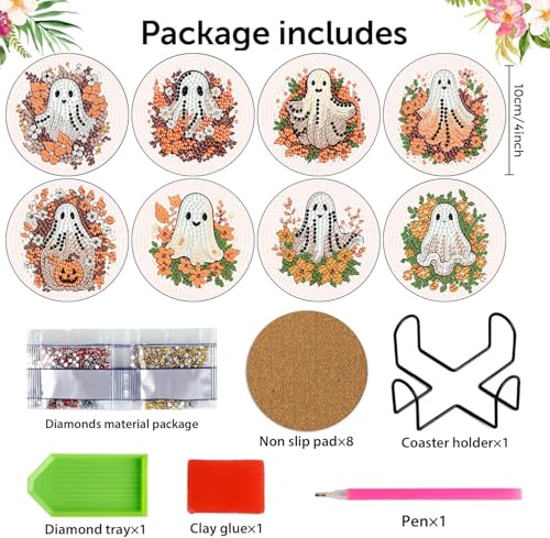 8 Pcs Diamond Art Coasters Kit for Adult with Holder, Diamond Coaster 4x4in - color: Ghost Coasters, size: 8 Pcs 4x4in