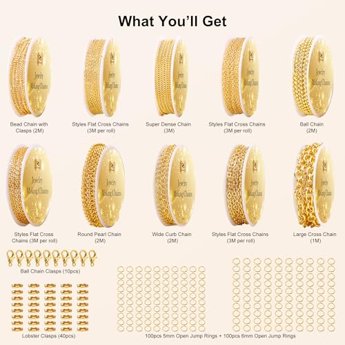 PP OPOUNT Gold Necklace Chains for Jewelry Making, 78.7 Feet 10 Rolls Chain - color: Gold, size: 10 Rolls