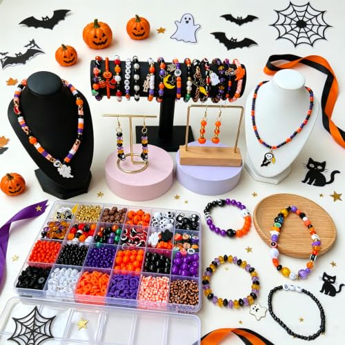 XBYzuzi 2600Pcs Halloween Beads for Bracelets Jewelry Making Kit, Orange Black White Purple alloween Polymer Clay Beads Pumpkin Evil Eye Skull Bead with Ghost Spider Charms for DIY Craft Earring - color: Black+White