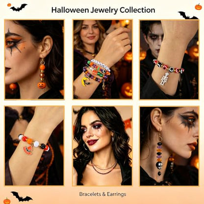 XBYzuzi 2600Pcs Halloween Beads for Bracelets Jewelry Making Kit, Orange Black White Purple alloween Polymer Clay Beads Pumpkin Evil Eye Skull Bead with Ghost Spider Charms for DIY Craft Earring - color: Black+White