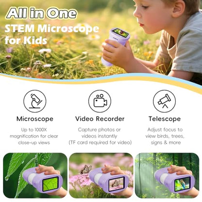 Alotwan Kids Digital Microscope 1000X Zoom, Mini Pocket Handheld Microscope with Camera/Video/Telescope Function, Portable Outdoor Travel Toys Magnifying Glass for Boys Girls 3-8 Years STEM Gifts - color: Purple