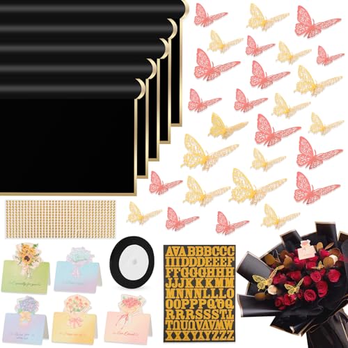 BESUPERT 52Pcs Flower Bouquet Wrapping Paper Kit, 20 Sheets Black Waterproof Floral Wrapping Paper, 1 Letter 1 Rhinestone Sticker, 12 Gold 12 Pink Butterflies, 5 Cards, 1 Black Ribbon (Gold Edge) - color: Black (Gold Edge)