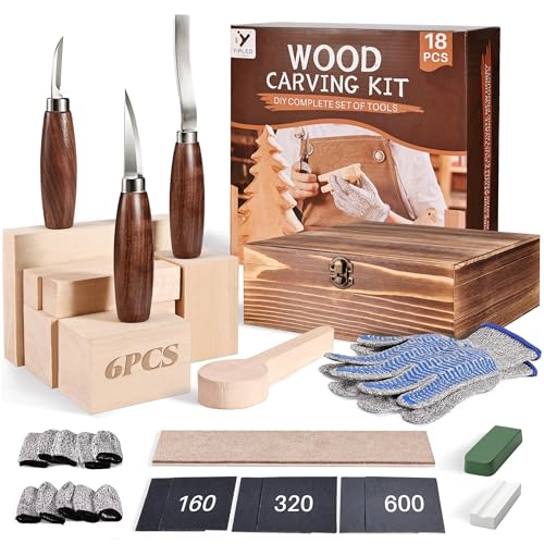 YIPLED Beginners Wood Carving Kit, Whittling Tools, Basswood & Gloves