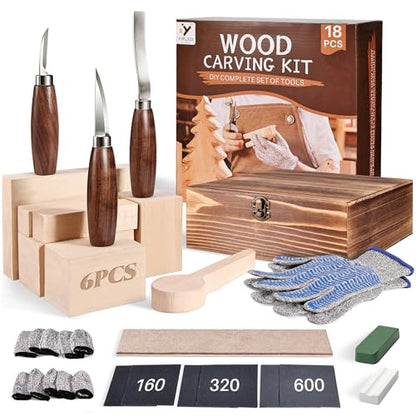 YIPLED Beginners Wood Carving Kit, Whittling Tools, Basswood & Gloves