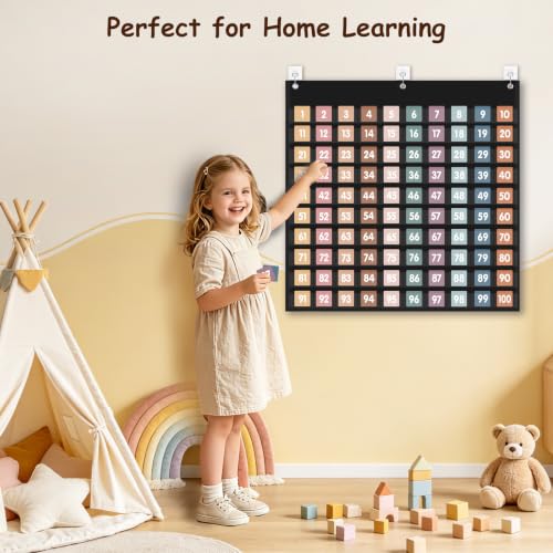Boho Hundred Pocket Chart 100 Pockets, 119 Double-Sided Number Cards, 1-100 Numbers, Blank Cards & Full Math Operation & Inequality Symbols, Hundreds Chart for Classroom Homeschool Math Supplies