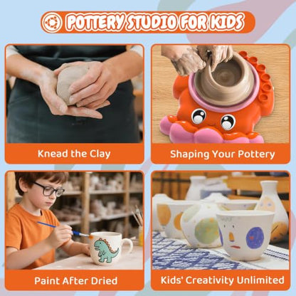 Innofans Pottery Wheel for Kids - Complete Pottery Tools Kit for Beginners, Arts and Crafts for Kids Ages 8-12 with 3 Pack Air Dry Clay, Mini Clay Making Pottery Wheel with Foot Pedal (Octopus) - color: Pink