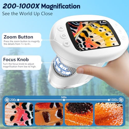Odatay 2.4" 4K 1000X Digital Kids Microscope with 32G Card 12 Slides, White - color: White