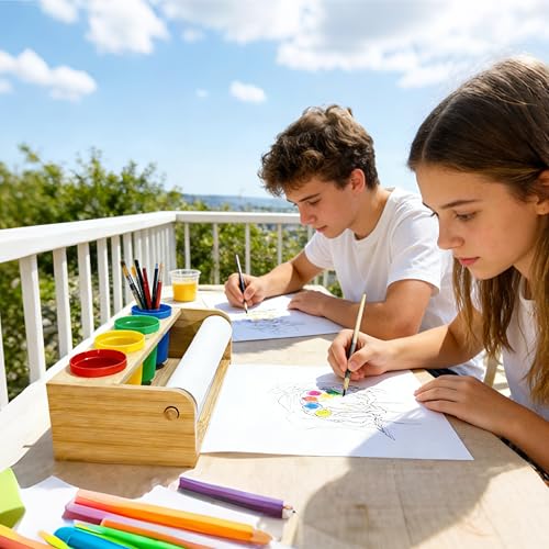Bamboo Tabletop Paper Roll Dispenser, Desktop Art Easel with 12" x 49ft Blank Paper Roll, 4 Pen Cups, Paper Cutter for Drawing, Writing, Graffiti, Art Crafts
