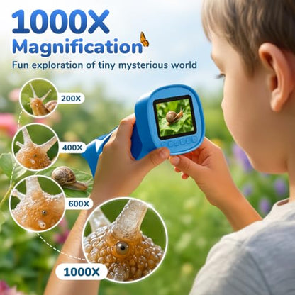 1000X Handheld Digital Microscope for Kids with 2.4" IPS Screen (Blue) - color: Blue