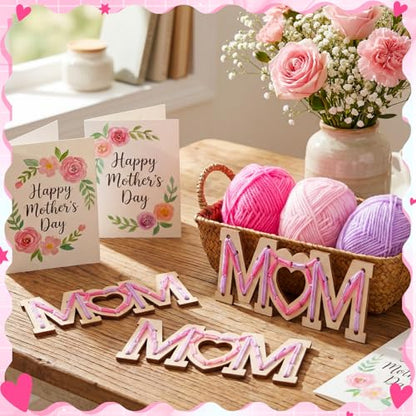 Kathfly 24 Sets Mother's Day Wooden Craft Kit, Wood Mom String Craft Ornaments with Yarn and Plastic Weaving Tools, DIY Lacing Art Hanging Decorations for Activities Handcraft Gifts - style: Mom