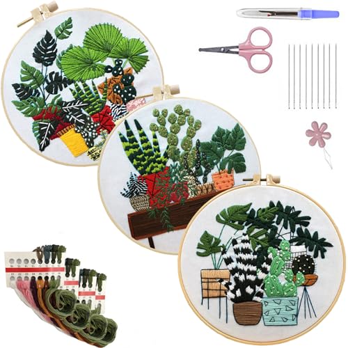SCECALA 3 Pack Plant Embroidery Kit for Beginners - Green Plant Potted with Embroidery Pattern, Hoop, Complete Cross Stitch Supplies (Needle/Threads/Scissors) DIY Craft for Adults Sewing Hobby - color: Green