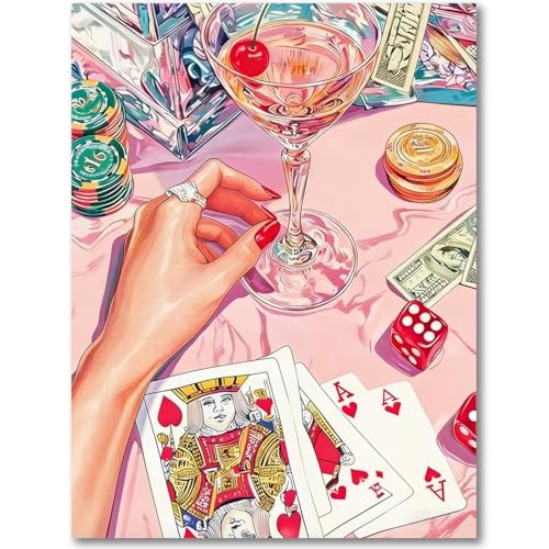 Pink Diamond Art Kits for Adults,Poker Diamond Painting Kits 12X16 in - color: Cocktail Lucky Poker