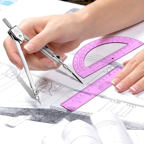 Zonon 3 Pcs 6" Clear Plastic Ruler 6 Inch Protractor Compass Set, Pink - color: Pink, size: 6 Inch