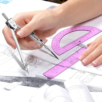 Zonon 3 Pcs 6" Clear Plastic Ruler 6 Inch Protractor Compass Set, Pink - color: Pink, size: 6 Inch