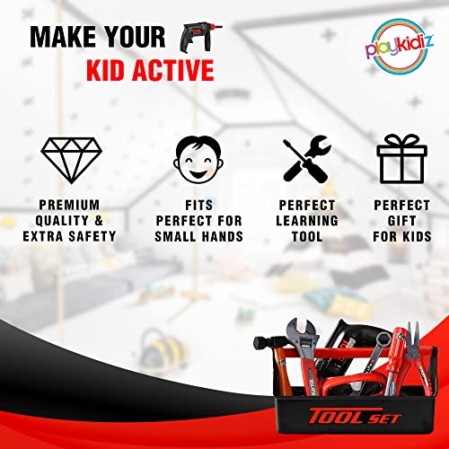 Playkidz Tool Box for Kids 22-Piece Boys & Girls Construction Toy Playset w/ Carry Chest, Working Push Button Power Drill, Hammer, Screwdriver, Wrench, Pliers, Saw & Other Realistic Tools Ages 3+