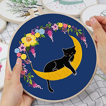 Louise Maelys Cat Moon Embroidery Kit for Beginners Floral Design - color: kit-12