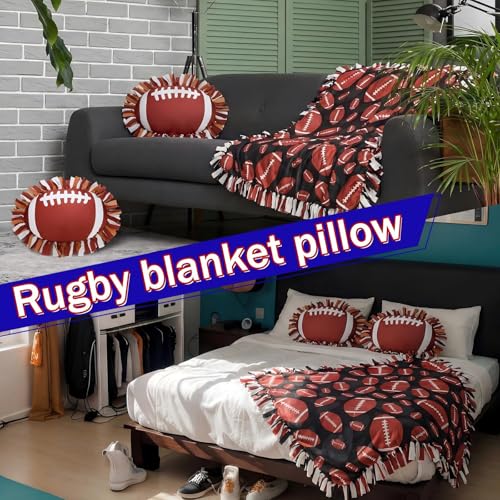 Vicenpal Set of 3 Football Tie Blanket & Pillows Craft Kit 57 Inch No Sew Fleece Blanket Kit Football Gifts Throw Crafts Tie Knot Quilt Squares Fabric Sports Ball Theme Decorations for Party - style: Football