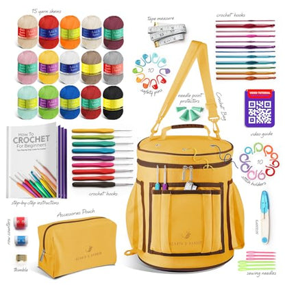 Crochet Kit for Beginners Adults and Kids - Beginner Crochet Kit for Adults with Step-by-Step Video Tutorials, Amigurumi and Crocheting Kit, Crochet Starter Kit with Soft Crochet Yarn and Crochet Bag - color: Mustard, style: Crochet Kit + Bag