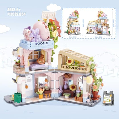 Street View Flower House Shop Mini Building Blocks, MOC Creative Building Toys Cute Panda Building Set for Girls 6-12, Simulation Architecture Construction Toy, Gift Idea for Kids Adults (854 PCS) - style: Flowers Store
