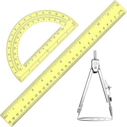 Zonon 3 Pcs 12" Clear Plastic Ruler 6 Inch Protractor Compass Set, Yellow - color: Yellow, size: 12 Inch