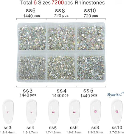 Bymitel 7200 Pieces 6 Mixed Sizes Glue Fix on Glass Rhinestones Round Crystal Gems Flatback for DIY Jewelry Making with one Picking Pen (6-Sizes 7200PCS, Crystal AB) - color: Crystal AB, size: 6-SIZES 7200PCS