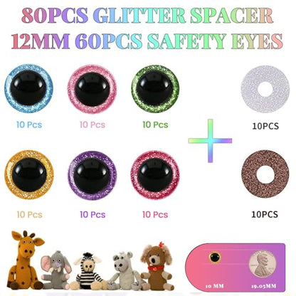 MUCUNNIA 120pcs 8mm Glitter Safety Eyes for Amigurumi with Washers - size: 8mm