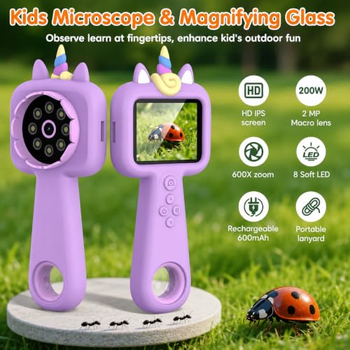Kids Microscope, 2.4" Screen Handheld Digital Microscope 600X with 4K Camera & 8 LED Lights, Portable Pocket Microscope for Bugs Plants Nature Exploration, STEM Science Toy Gift Ages 3-12（Purple） - color: Purple