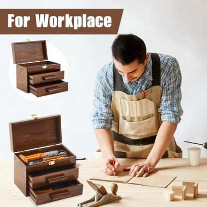 11 Inch Mini Wooden Tool Box with 2 Drawers and Top Storage, Wooden Color - size: 11 Inch