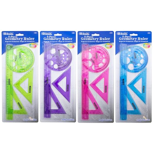 BAZIC Products 5-Piece Geometry Set, Ruler, Triangles, Protractor, 4-Set - size: 4-Pack