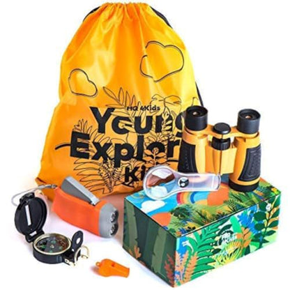 Outdoor Adventure Kit for Kids: Binoculars, Compass, Magnifying Glass & Flashlight. 3-12 Year Old Boys & Girls - color: Orange