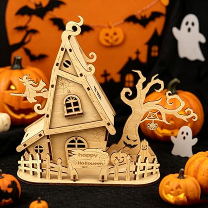 Halloween Witch House 3D Wooden Puzzle Kit - DIY Haunted House Building Model for Adults, Spooky Halloween Decorations, Fun Craft Gift for Teens
