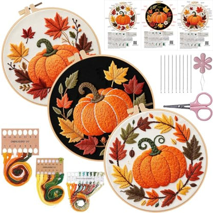 Konrisa Pumpkin Embroidery Kits, Stamped Embroidery Starter Kit for Adult with Hoop,Needlepoint Cross Stitch Kit,Set of 3 - color: yellow pumpkin