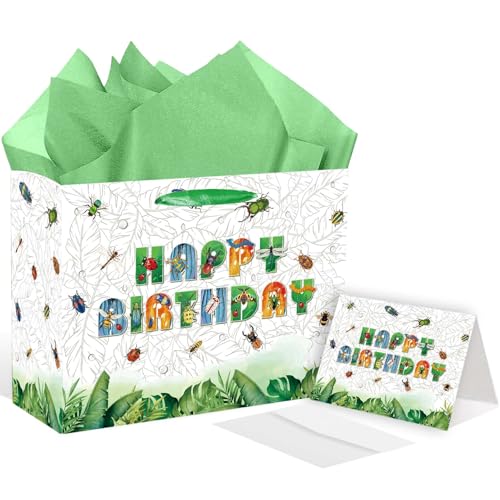 Large Bug Gift Bag, Insect Gift Bag with Tissue Paper and Card, Spring Summer Happy Birthday Gift Wrapping for Boys and Girls, Insect Birthday Party Decorations, Baby Shower Bug Party Supplies.