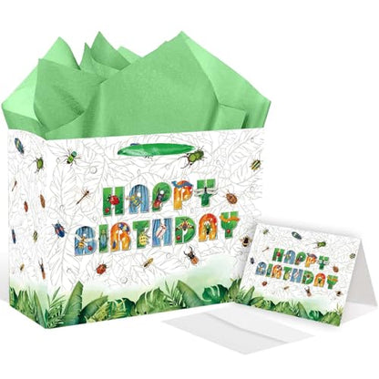 Large Bug Gift Bag, Insect Gift Bag with Tissue Paper and Card, Spring Summer Happy Birthday Gift Wrapping for Boys and Girls, Insect Birthday Party Decorations, Baby Shower Bug Party Supplies.