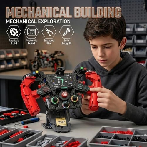 Racing Simulator Steering Wheel Building Set, Mechanical Formula Sim Cars Driving Collectible Model Kit with Moving Parts & Phone Holder for Boys 14+ Adults (Style 1) - color: Red
