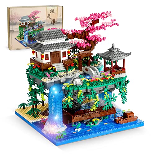 NEWABWN Cherry Blossom Tree Building Set with Lighting, Architecture of Peach Blossom Micro Building Blocks, Japanese Architecture Zen Garden Kit for 14+ Kids Adults (3320 Pieces) - style: Peach Blossom Pond