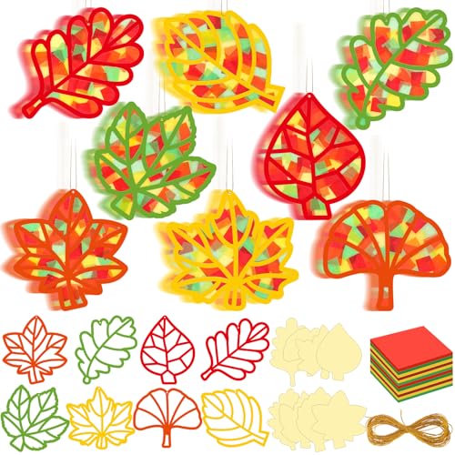 DoubleFill 48 Pcs Fall Suncatchers Craft Kit, Fall Maple Leaves Crafts Bulk - style: Maple Leaf