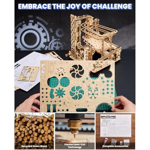 3D Wooden Puzzles for Adults: 371pcs Wood Mechanical Marble Run Model Kits with Roller Coaster Building Set for Adults - 3D Brian Teaser Desk Toys Wooden Puzzles for Men Women Hobbies Gifts