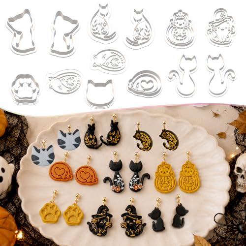 13 Pcs Black Cat Halloween Polymer Clay Cutters Set - Spooky Cat Silhouette & Imprint Cutters for Polymer Clay Jewelry Making, Gift for Cat Lovers, Friends & Family - color: Black cat-2026