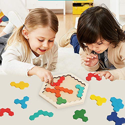 Wooden Hexagon Blocks Puzzle, STEM Montessori Brain Teaser for Kids Adults - style: Puzzle 1- Colorful Rainbow