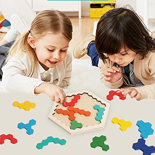 Wooden Hexagon Blocks Puzzle, STEM Montessori Brain Teaser for Kids Adults - style: Puzzle 1- Colorful Rainbow