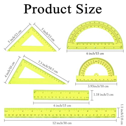 Plastic Clear Ruler Math Set, 6" | 12" Straight Ruler Protractor, 2 Protractors 180 Degree 2 Triangle Rulers 45 | 60 Degree 2 Straight Rulers Measuring Tool for School Office Home Supplie, Yellow - color: Yellow